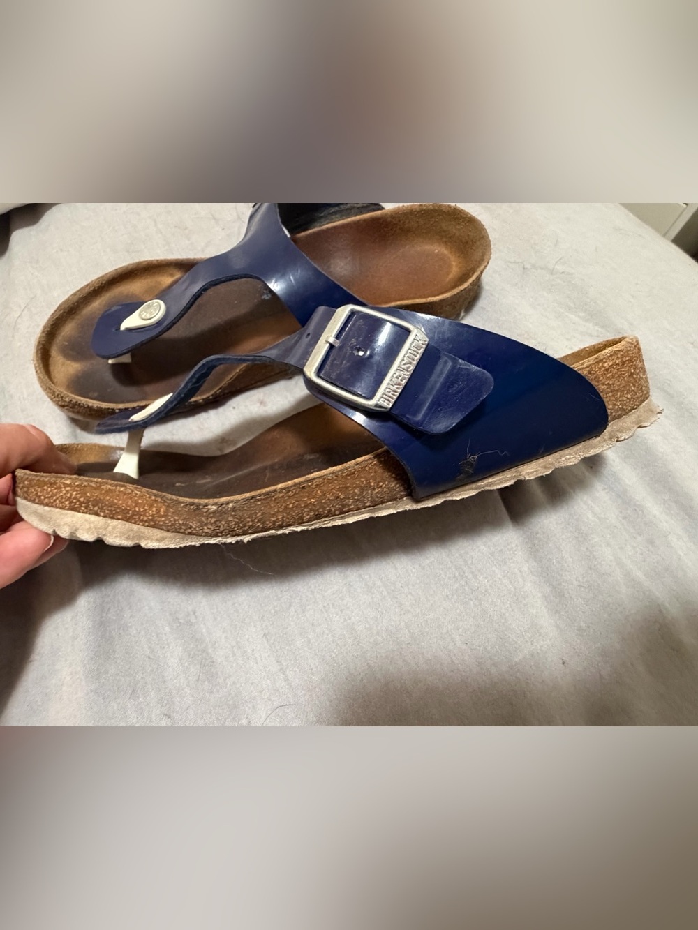 Well worn Birkenstock Navy Patent Buckle Sandals - Picture 3 of 8